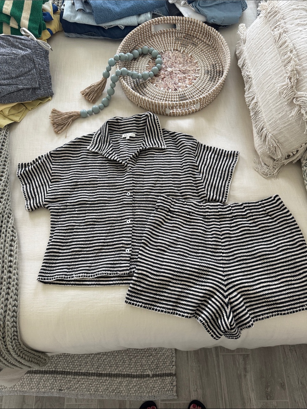 Z Supply Black and White Striped Knit Short Set with pockets